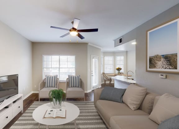 Spacious living room with ceiling fan at The Legends at Eagle Mountain Lake, Texas