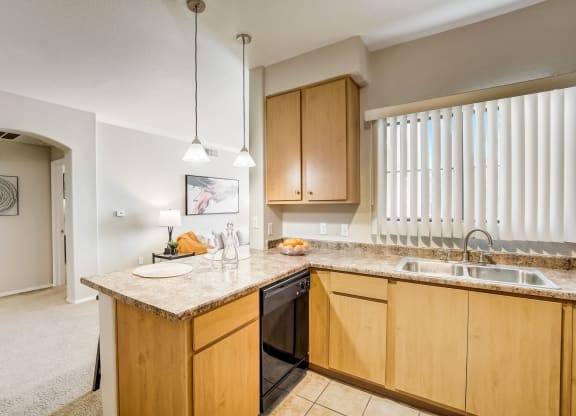 a kitchen with wooden cabinets and a counter top with a sink  at Adiamo Palm Valley, Goodyear, 85395