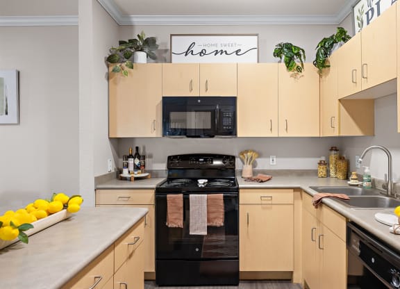 a kitchen with wooden cabinets and plants on the top of the cabinets at Artisan Apartments & Shops, Texas, 78729