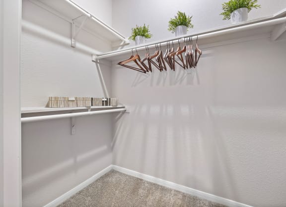 a spacious walk in closet with white walls and carpet at Artisan Apartments & Shops, Austin