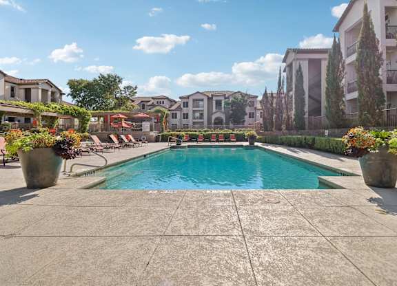 A swimming pool surrounded by potted plants and trees.
