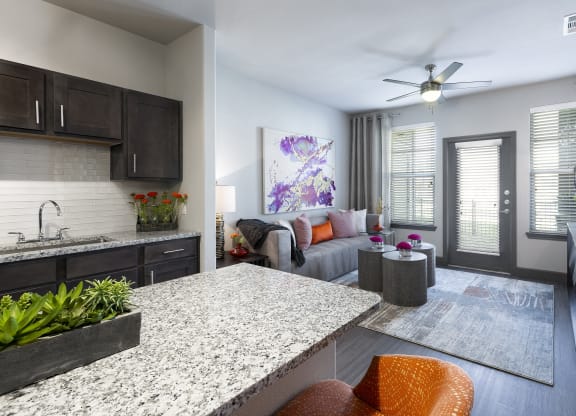 an open living room and kitchen with a granite counter top at North Creek, Texas, 78634