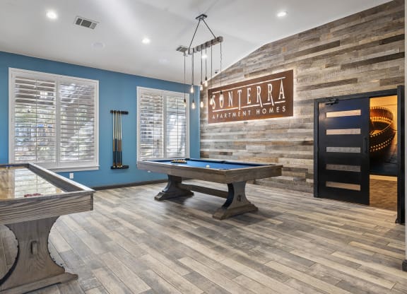 a game room with a pool table and a billiards at Sonterra Apartment Homes, Austin, 78726