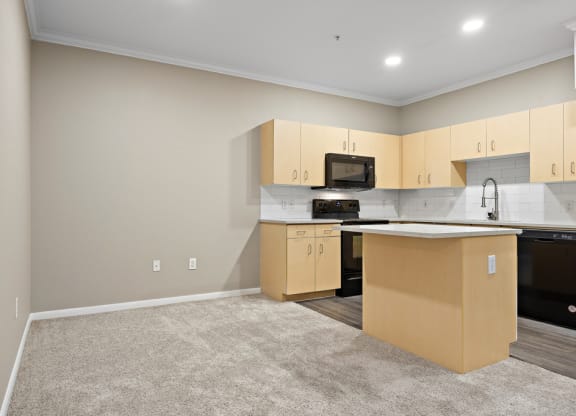 a kitchen with quartz countertops and black appliancesloor at Artisan Apartments & Shops, Austin, TX