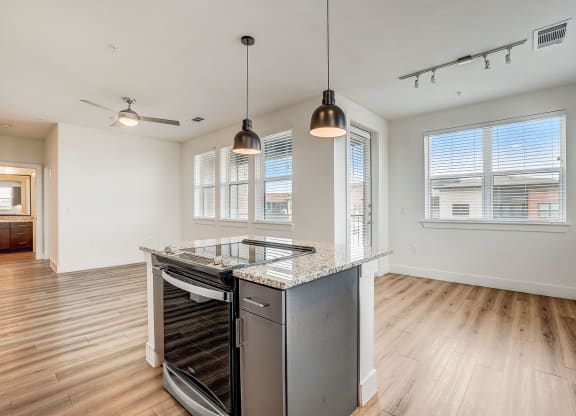 an empty kitchen with stainless steel appliances and a counter top at Aurora Watson Branch, Texas, 76063