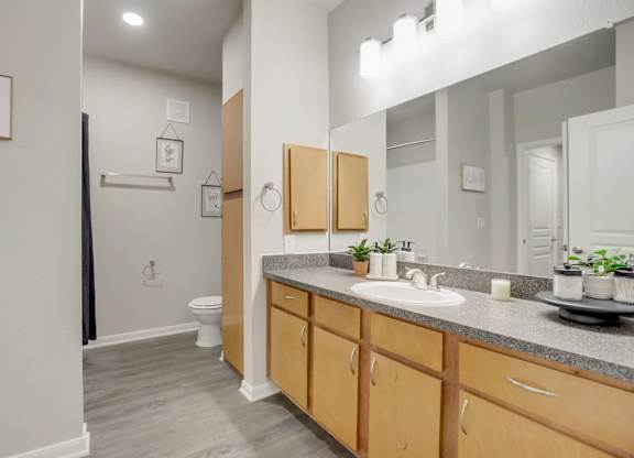 A bathroom with a toilet, sink, and mirror.