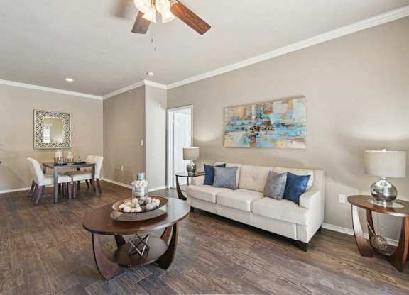 a living room with a couch and a table
