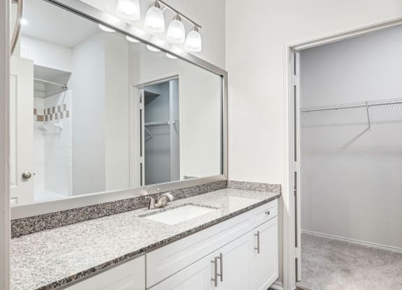 a bathroom with a sink and a mirror at La Ventura Apartments, Plano, 75093