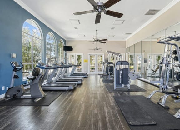 the mansion has a gym with cardio machines and windows