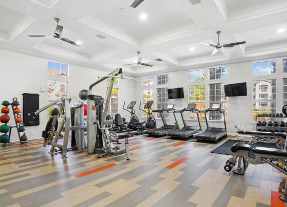 the gym has plenty of exercise equipment and windows at La Ventura Apartments, Texas, 75093