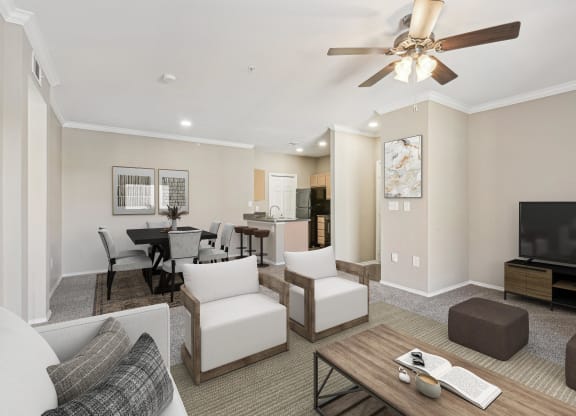 a living room with couches and chairs and a tv