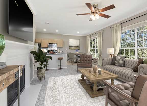 a living room with a couch and a table