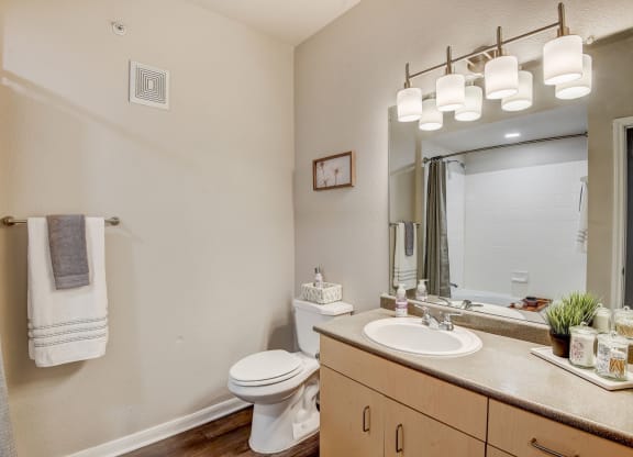 a bathroom with a sink and a toilet and a mirror at Artisan Apartments & Shops, Austin, Texas, 78729