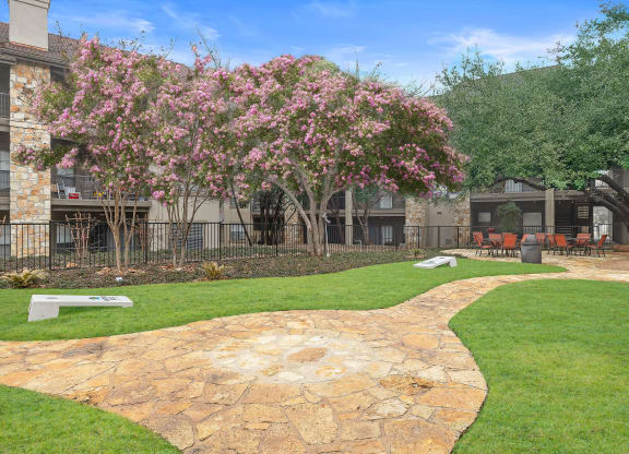 A courtyard with a stone path and a pink flowering tree at Waters Edge Apartment Homes, Georgetown
