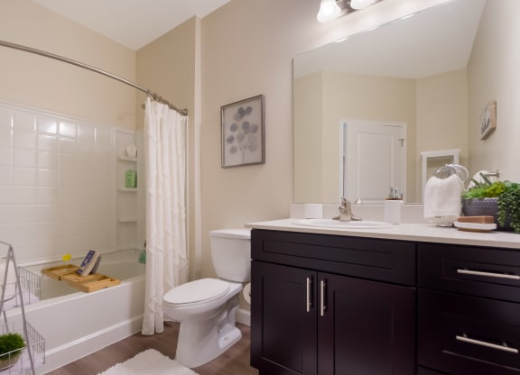 a bathroom with a white toilet next to a bathtub with a shower curtain  at The Oasis at Manatee River, Bradenton