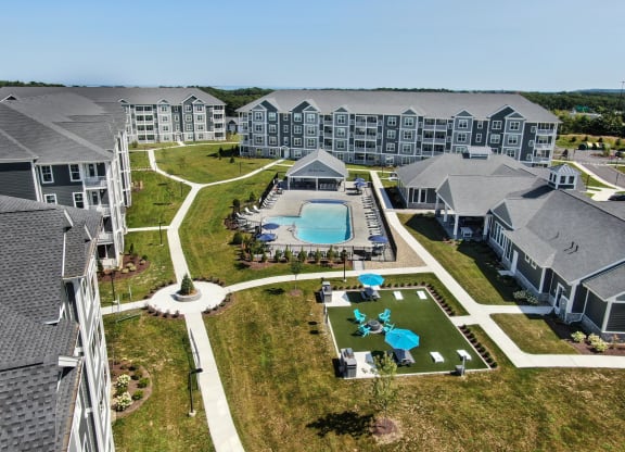an aerial view of the resort with a swimming pool at The Oasis at Plymouth, Plymouth, Massachusetts