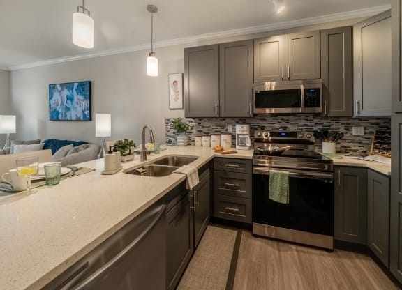 view of kitchen and living room at the reserve at walnut creek apartments at Plymouth, Plymouth, MA, 02360