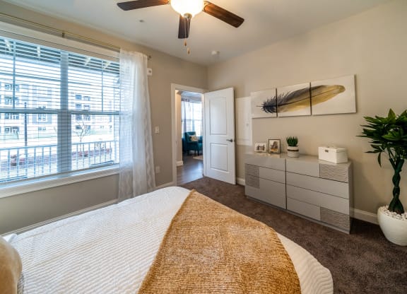 the preserve at ballantyne commons bedroom with a bed and a ceiling fan at The Oasis at Plymouth, Plymouth