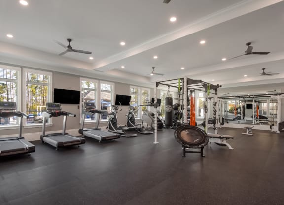 a large fitness room with cardio equipment and windows  at The Oasis at Manatee River, Bradenton