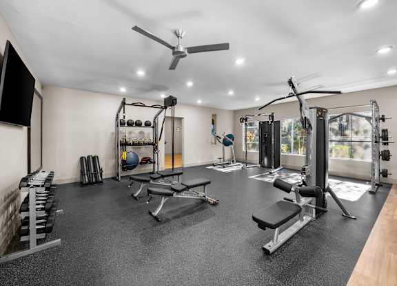 A spacious home gym with a variety of equipment including a squat rack, bench, and weights.