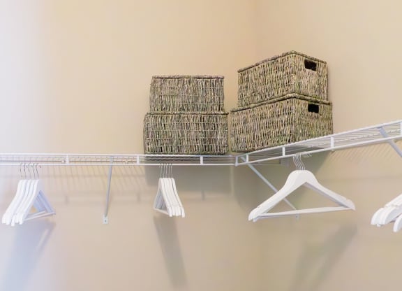 a walk in closet with shelves and a basket and a trash can at The Oasis at Moss Park, Orlando, Florida