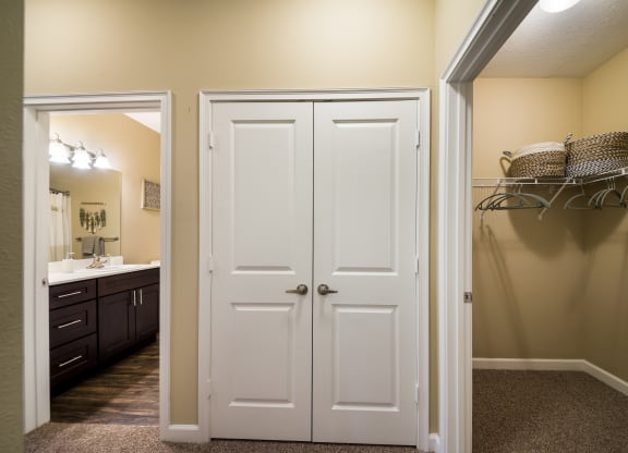 a bathroom with a closet and a sink and a mirror at The Oasis at Highwoods Preserve, Tampa, FL