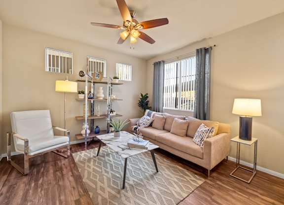 Living room with windows and casual comfortable furniture