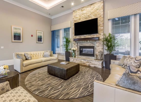 Clubroom With Fireplace And TV at The Oasis at Highwoods Preserve, Tampa, FL