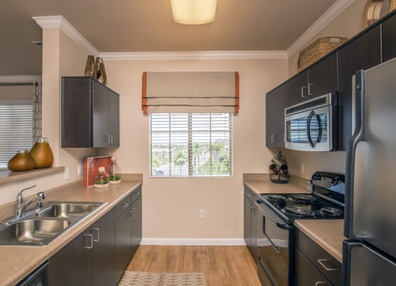 a kitchen with stainless steel appliances and black cabinets at Loreto & Palacio Apartments, Nevada