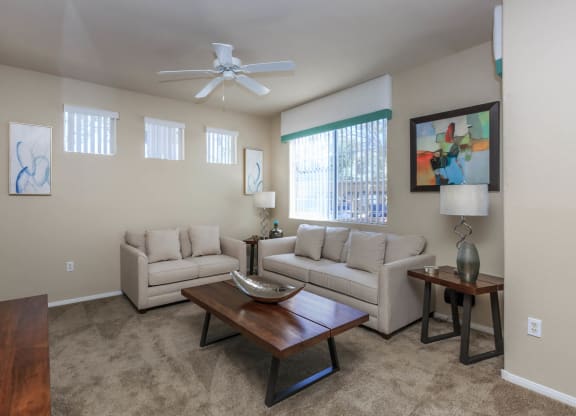 Sofa and window view at The Covington by Picerne, Las Vegas, Nevada