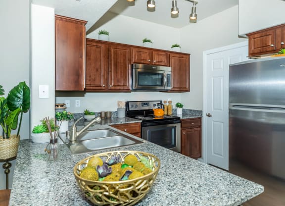 Wooden cabinets and appliances in kitchen at The Equestrian by Picerne, Henderson, NV