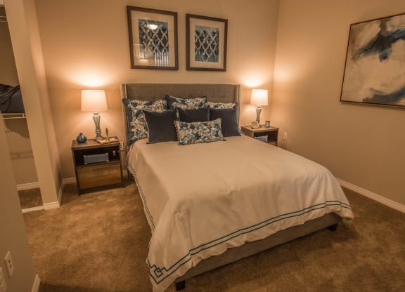 Bedroom with frame and lamps1 at Level 25 at Oquendo by Picerne, Las Vegas