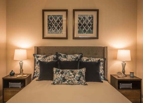 Bedroom with frame and lamps at Level 25 at Oquendo by Picerne, Las Vegas, Nevada