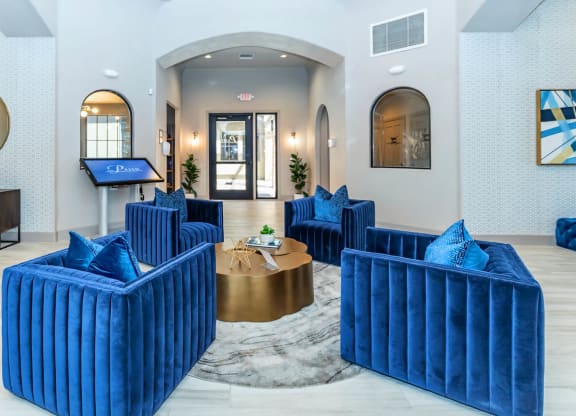 blue sofa decorat The Paseo by Picerne, Goodyear, 85395