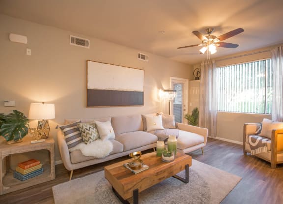 Living Room With Ceiling Fan at The Pavilions by Picerne, Las Vegas, Nevada