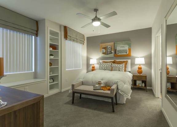 Bedroom decor with lamps with ceiling fan and lightat The View at Horizon Ridge, Henderson