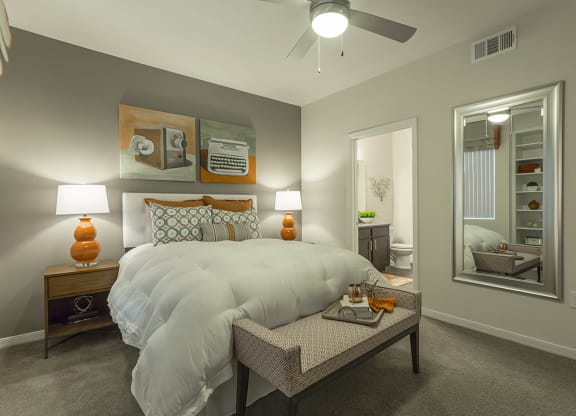 Bedroom decor with lamps with ceiling fan at The View at Horizon Ridge, Henderson, Nevada