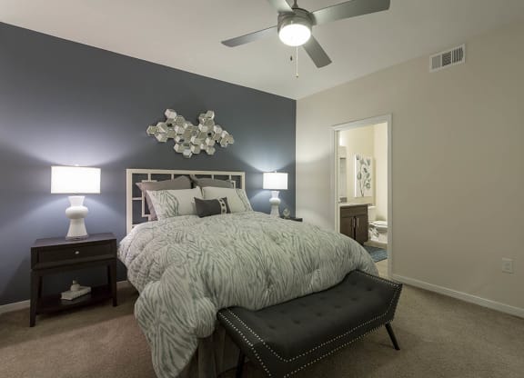 Bedroom with bed and ceiling fan at The View at Horizon Ridge, Nevada