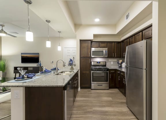 Wooden cabinets in kitchen and appliances at The View at Horizon Ridge, Henderson, 89012