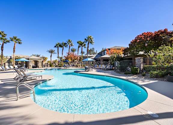 A large swimming pool surrounded by palm trees and lounge chairs.