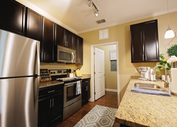 a kitchen with stainless steel appliances and granite counter tops at The Oasis at Moss Park, Orlando, 32832