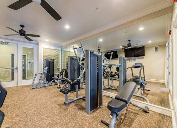 Cable weight equipment at the fitness center at Encore at Buckingham apartments in Richardson, TX