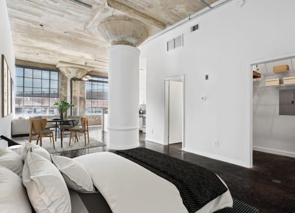 Adam Hats Lofts staged studio bedroom. Apartments in Dallas, TX.
