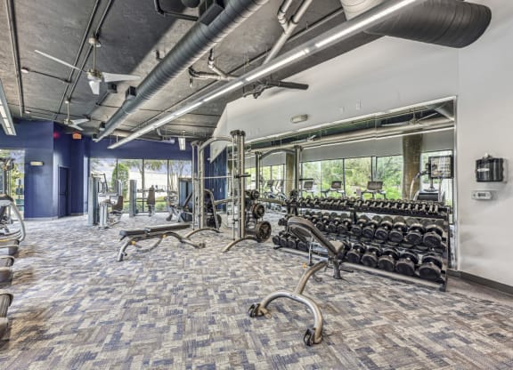 Well-equipped fitness center with cardio machines and weightlifting equipment at Allusion at West University apartments in Houston, TX