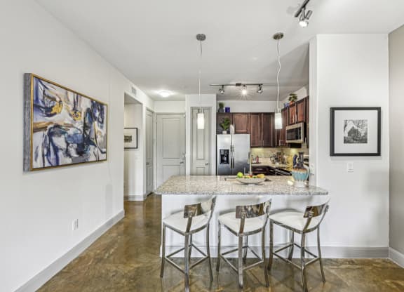 Modern kitchen with stainless steel appliances and granite countertops at Allusion at West University apartments in Houston, TX