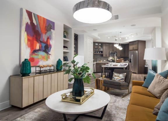 Living Room And Kitchen View at The Alastair at Aria Village, Sandy Springs