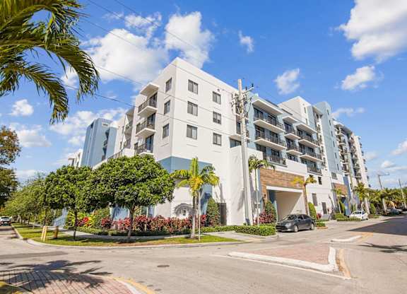 A modern multi-story building with a white and blue exterior is surrounded by palm trees and has a clear blue sky above.