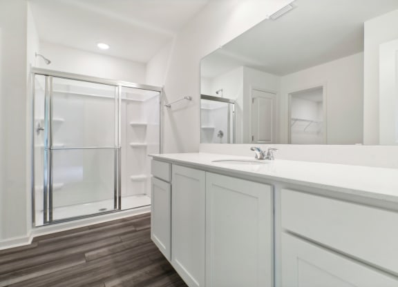 Elegant bathroom with a walk-in shower and white vanity at Beacon at Ashley River Landing in Summerville, SC