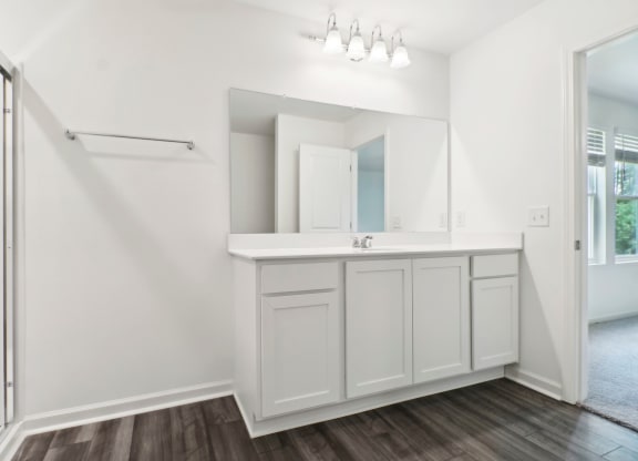 White sink vanity with a large mirror in the master bathroom at Beacon at Ashley River Landing in Summerville, SC