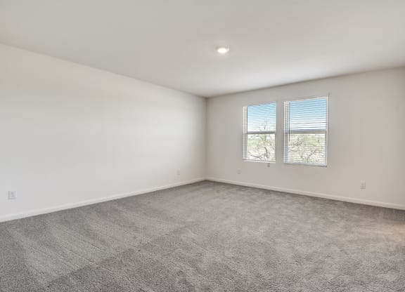 a bedroom with two windows, white walls and carpet